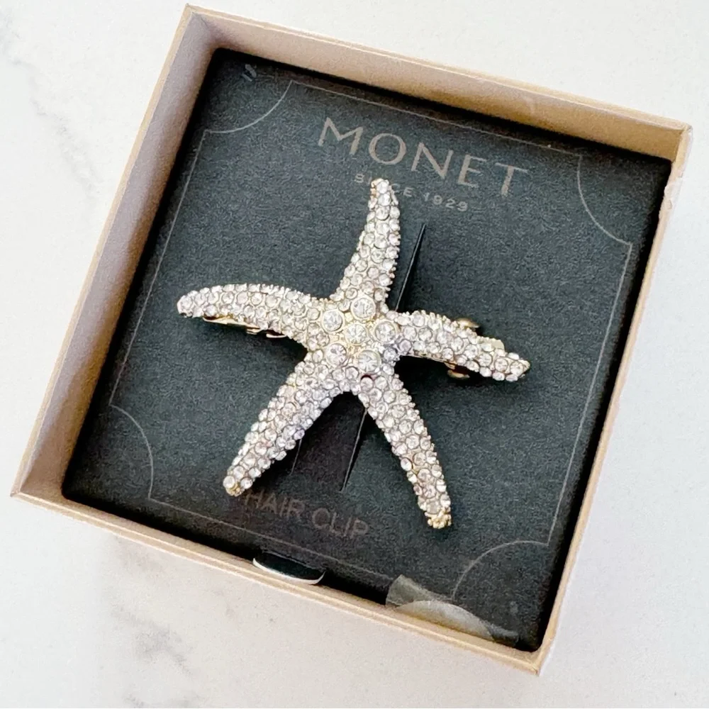 New In Box Monet Gold Tone Metal Textured Starfish Hair Clip